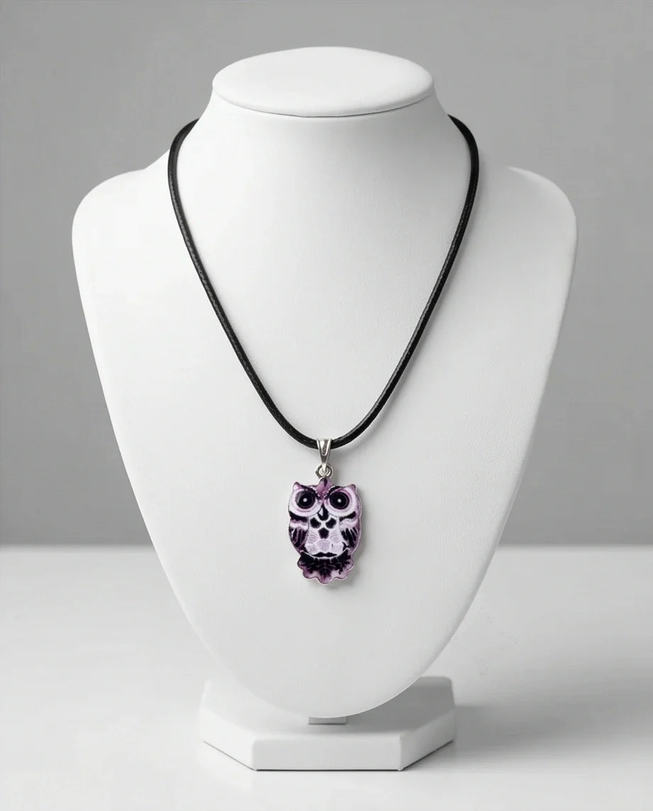 Mystical Purple Watercolor Owl Totem Pendant Necklace