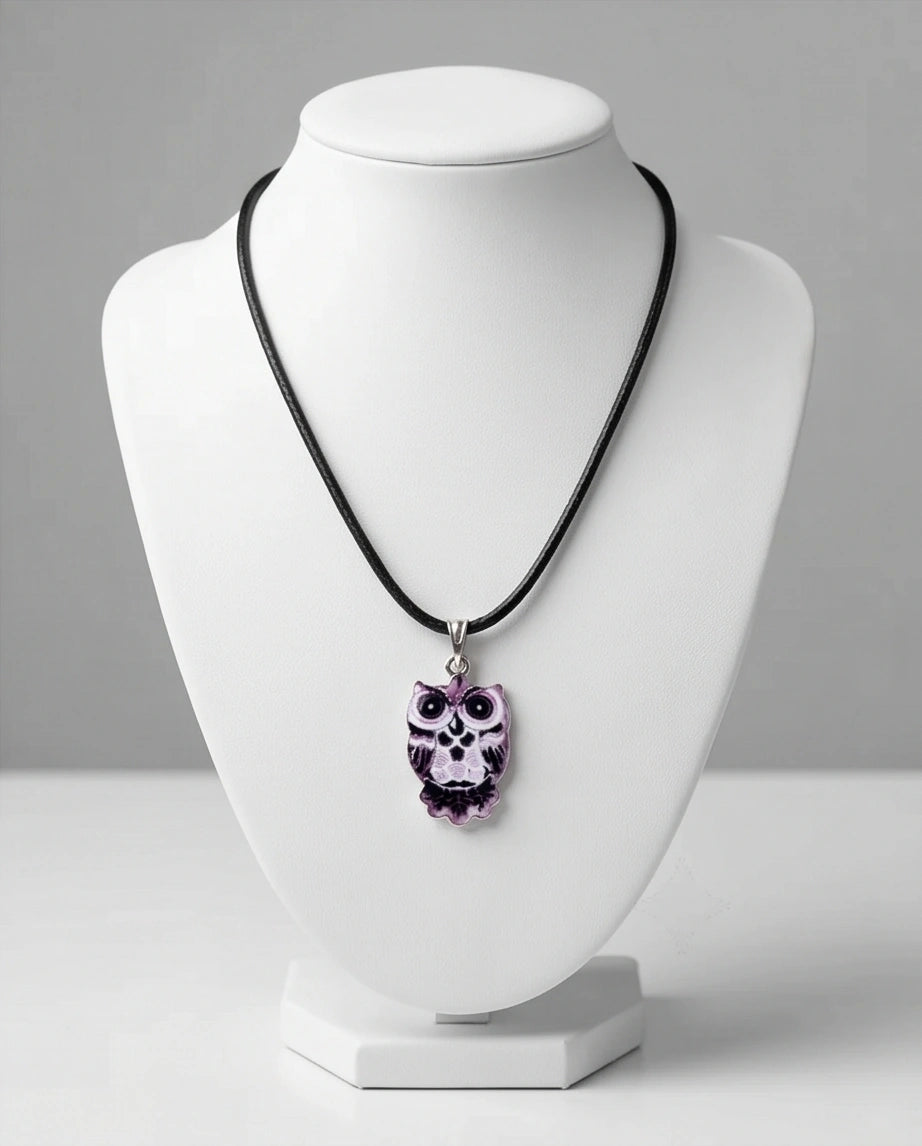Mystical Purple Watercolor Owl Totem Pendant Necklace