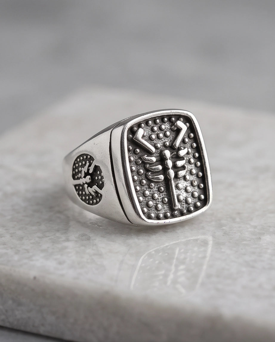 Arachnid Stippled Square Signet Silver Ring
