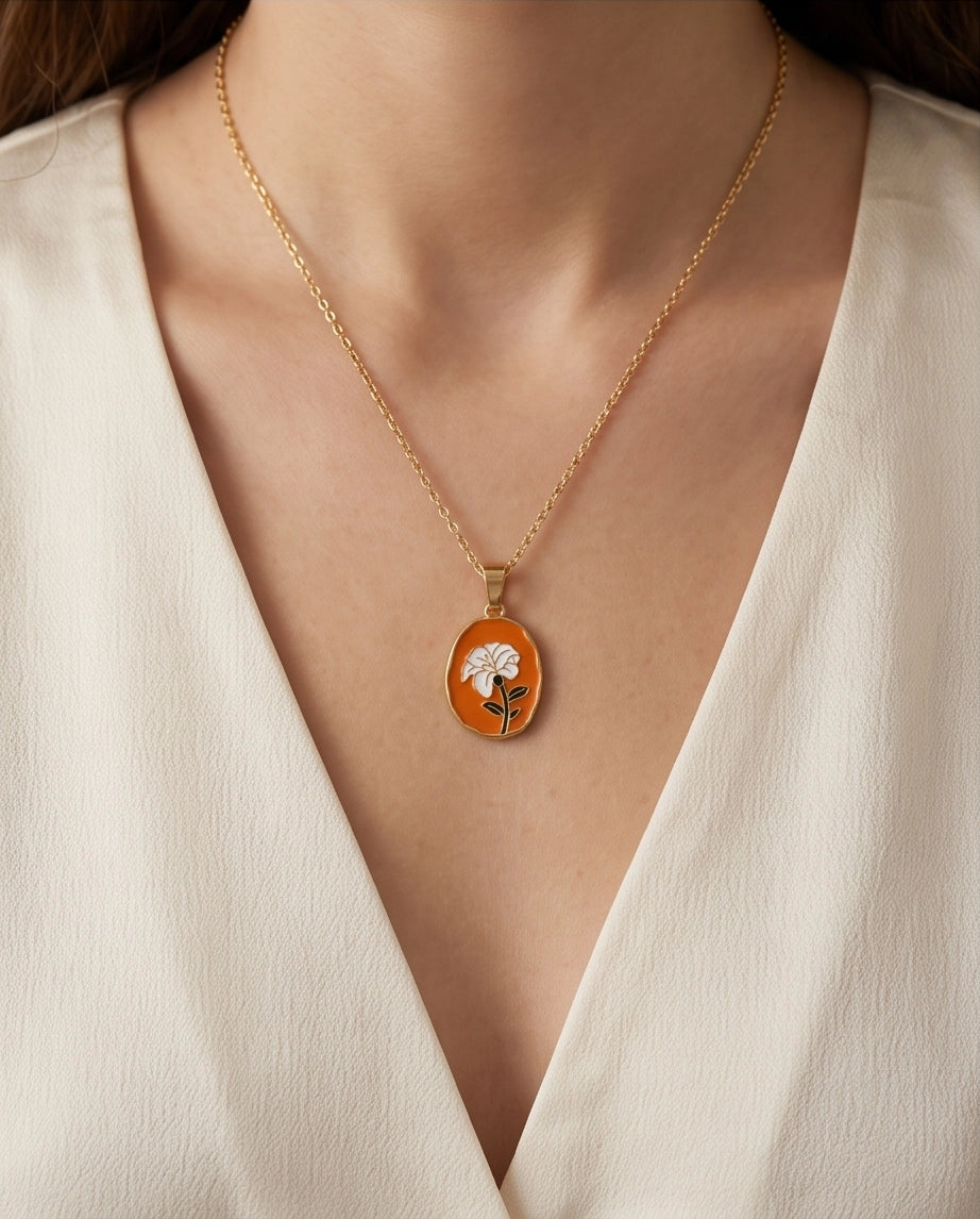 Gold Peach White Flower Enamel Medallion Chain Necklace