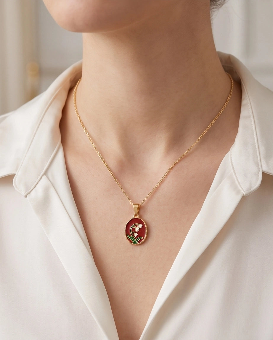 Gold Red Lily of the Valley Enamel Medallion Chain Necklace