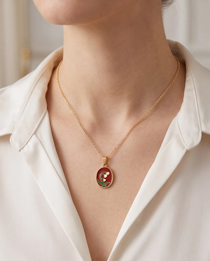 Gold Red Lily of the Valley Enamel Medallion Chain Necklace