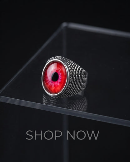 Crimson Evil Eye Cabochon Scale-Band Silver Ring