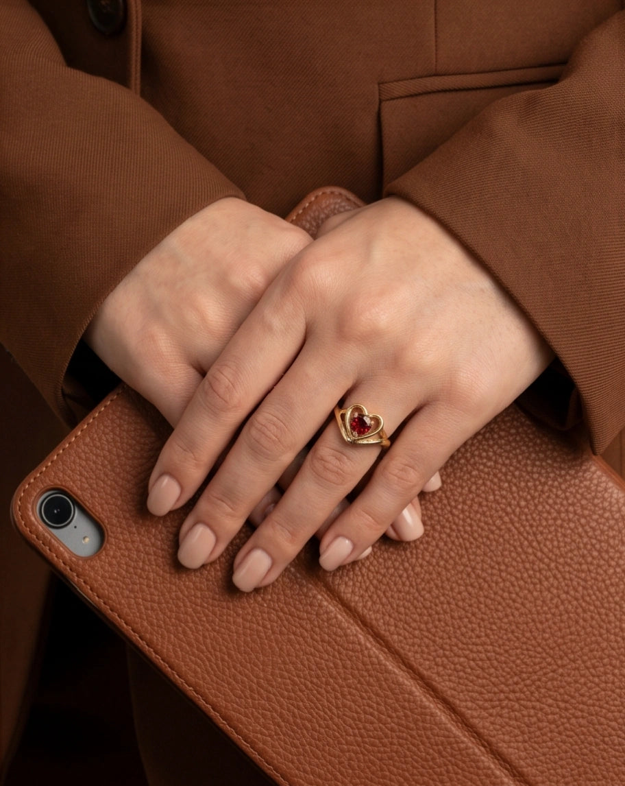 Gold Ruby Heart Openwork Statement Ring