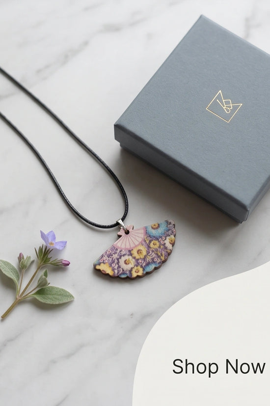 Vintage Blue & Yellow Floral Hand-Fan Pendant Necklace