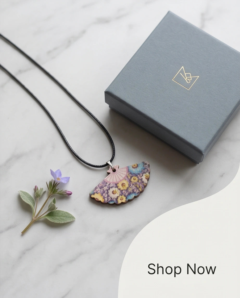 Vintage Blue & Yellow Floral Hand-Fan Pendant Necklace