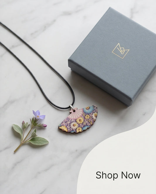 Vintage Blue & Yellow Floral Hand-Fan Pendant Necklace