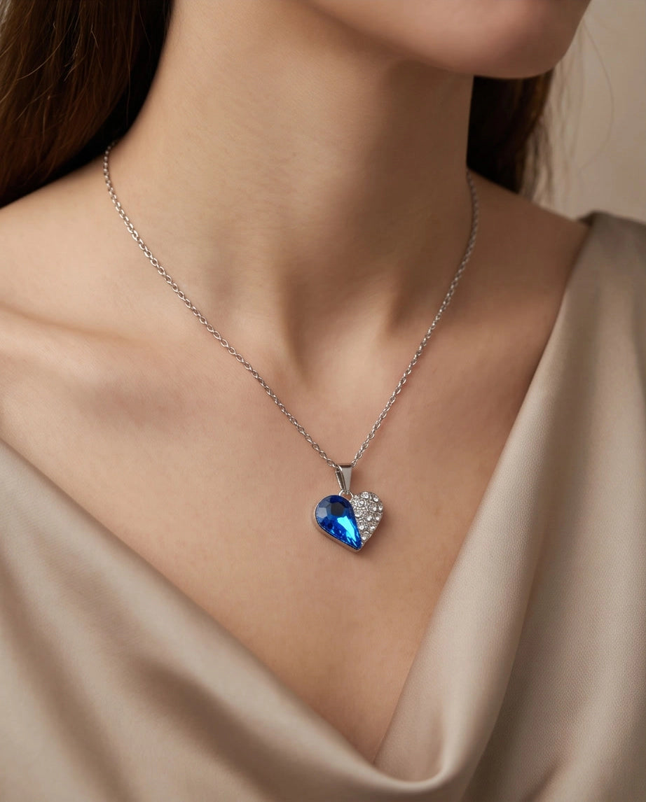 Silver Sapphire Heart Pavé Pendant Necklace