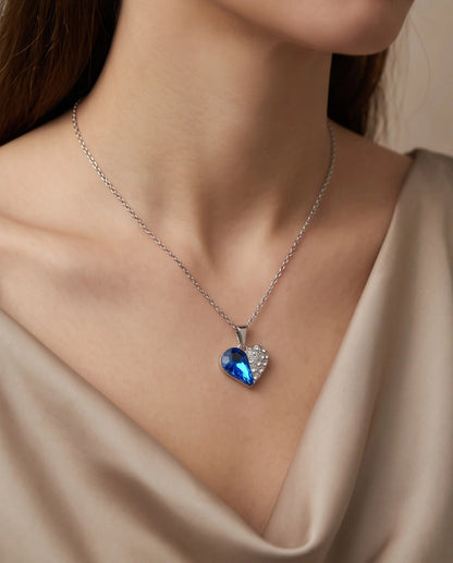 Silver Sapphire Heart Pavé Pendant Necklace