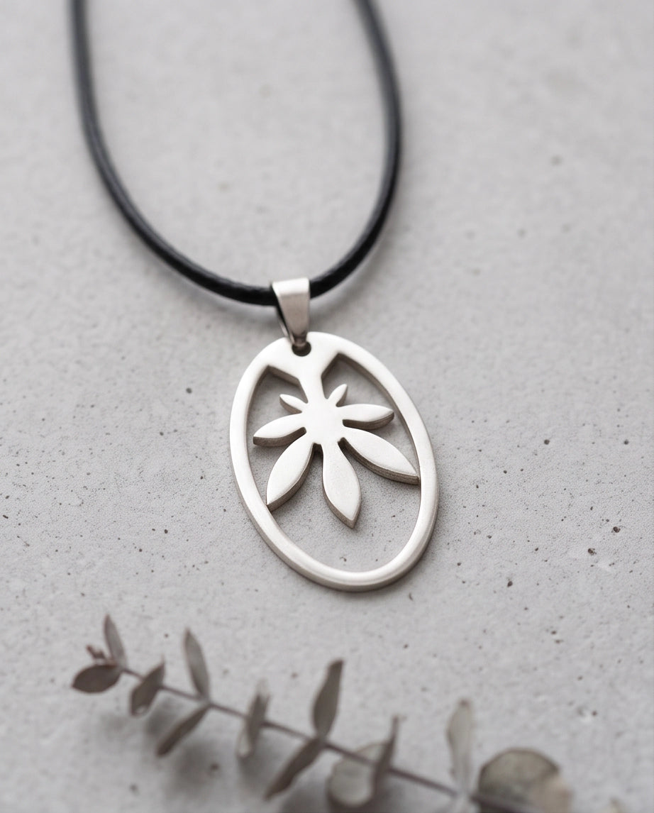 Brushed Silver Leaf Oval Cord Necklace