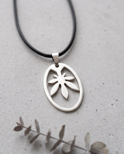 Brushed Silver Leaf Oval Cord Necklace