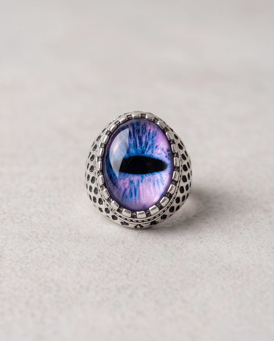 Purple-Blue Slit-Pupil Dragon-Eye Honeycomb-Band Silver Ring