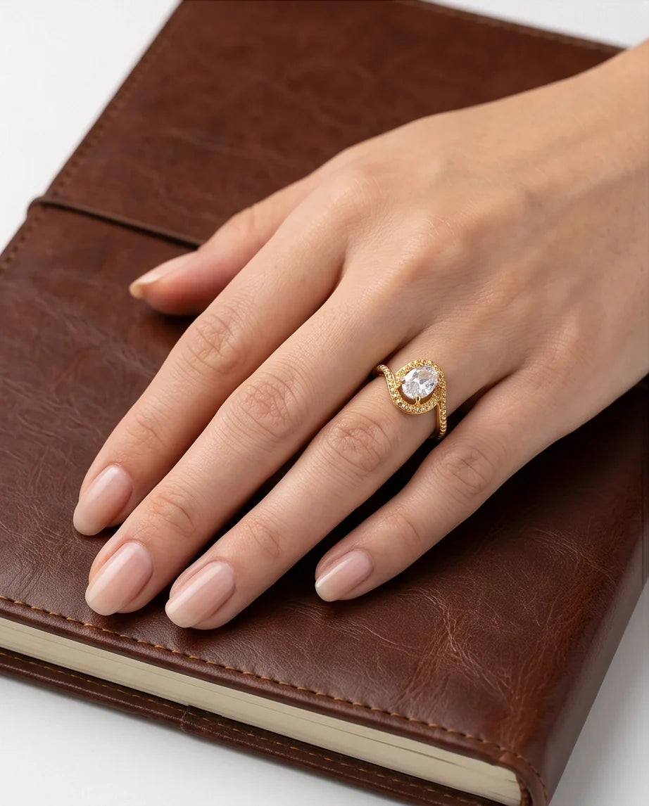 Luxury Gold Oval Moissanite Swirl Beaded Ring