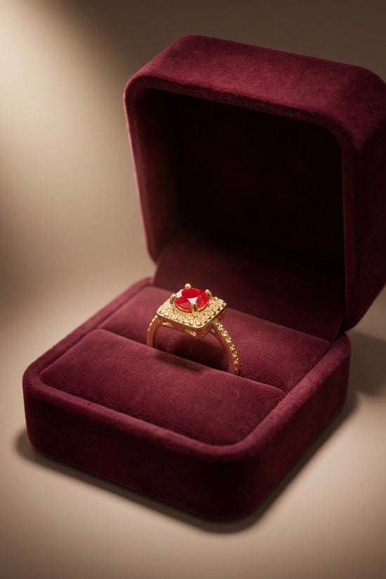 Vintage Gold Ruby Square Granulation Halo Ring