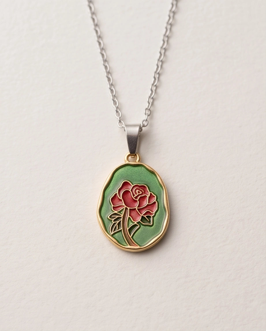 Gold Red Rose Enamel Medallion Chain Necklace