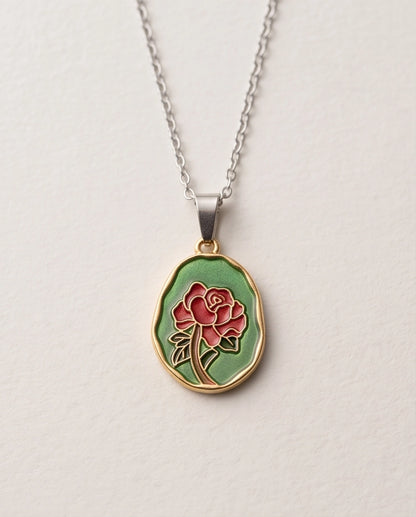 Gold Red Rose Enamel Medallion Chain Necklace