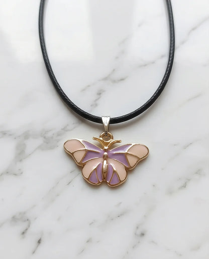 Pink & Lavender Enamel Butterfly Pendant Necklace
