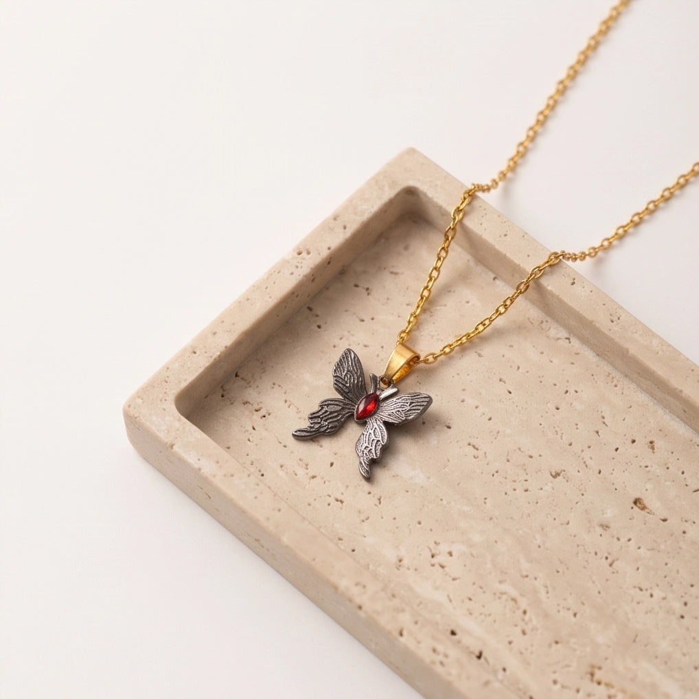 Black Textured Butterfly Red Gem Pendant Necklace