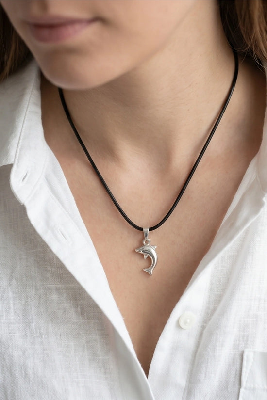 Silver Polished Playful Dolphin Necklace