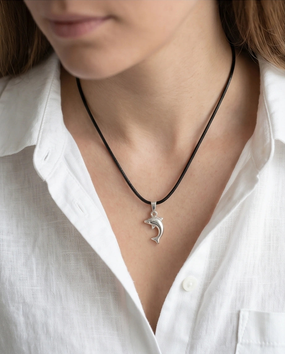 Silver Polished Playful Dolphin Necklace