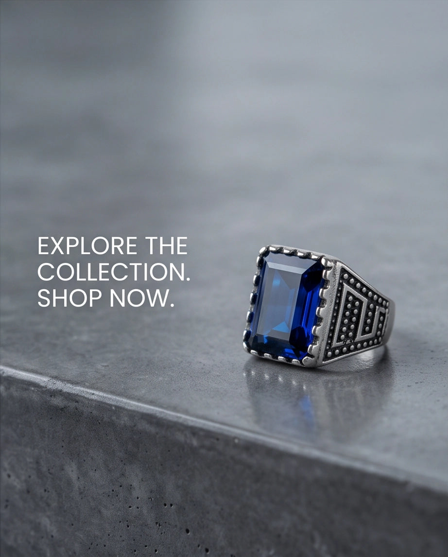 Sapphire Blue Emerald-Cut Gemstone Dot Matrix Architectural Silver Ring