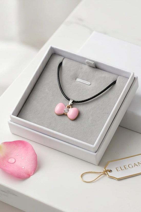 Charming Pink Bowknot Enamel Pendant Necklace with Crystal Center