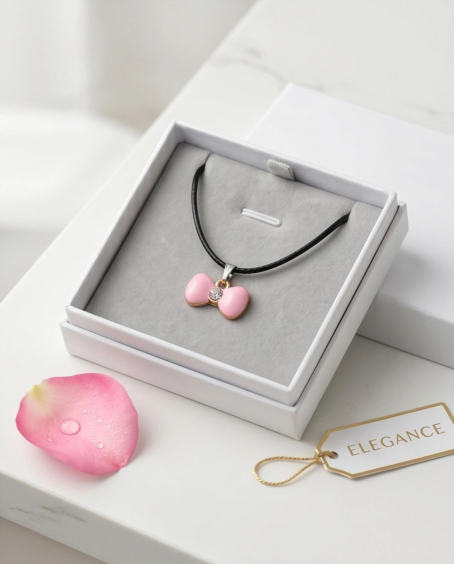 Charming Pink Bowknot Enamel Pendant Necklace with Crystal Center
