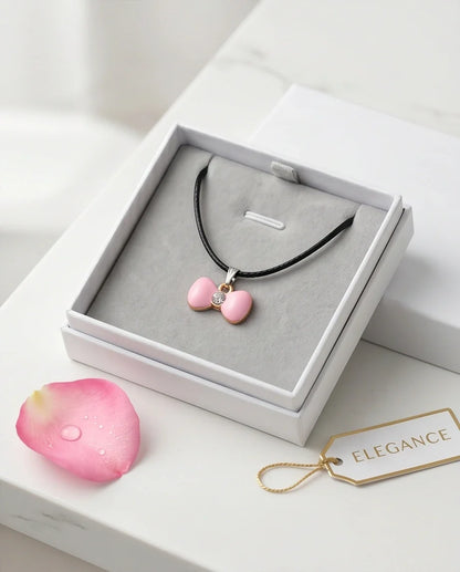 Charming Pink Bowknot Enamel Pendant Necklace with Crystal Center