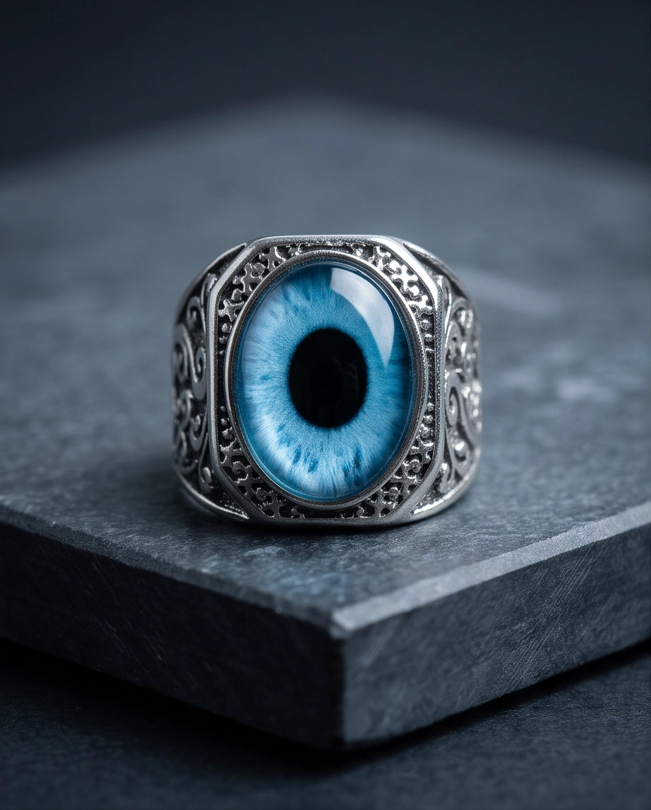 Cyan Sky-Blue Evil Eye Cabochon Gothic Filigree Silver Ring
