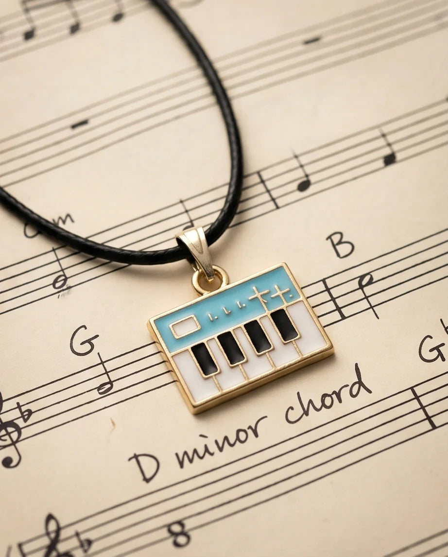 Gold and Light Blue Synthesizer Keyboard Necklace