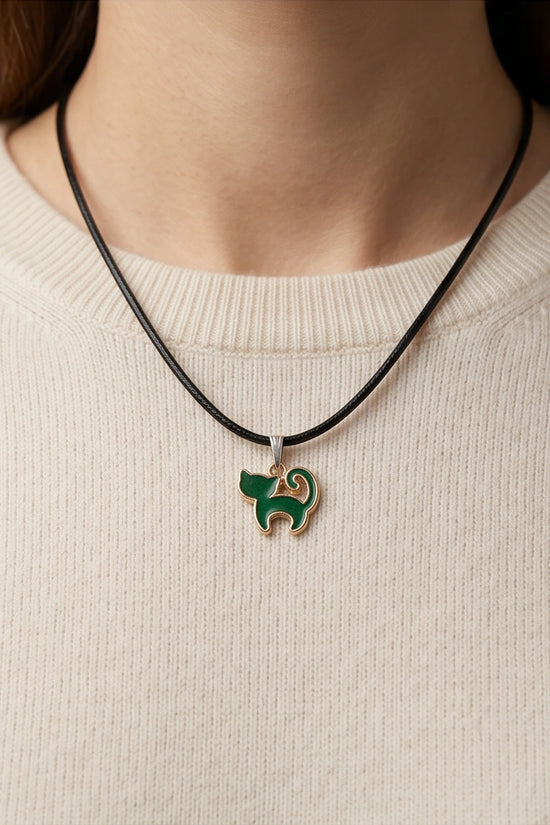 Gold and Green Cat Pendant Necklace
