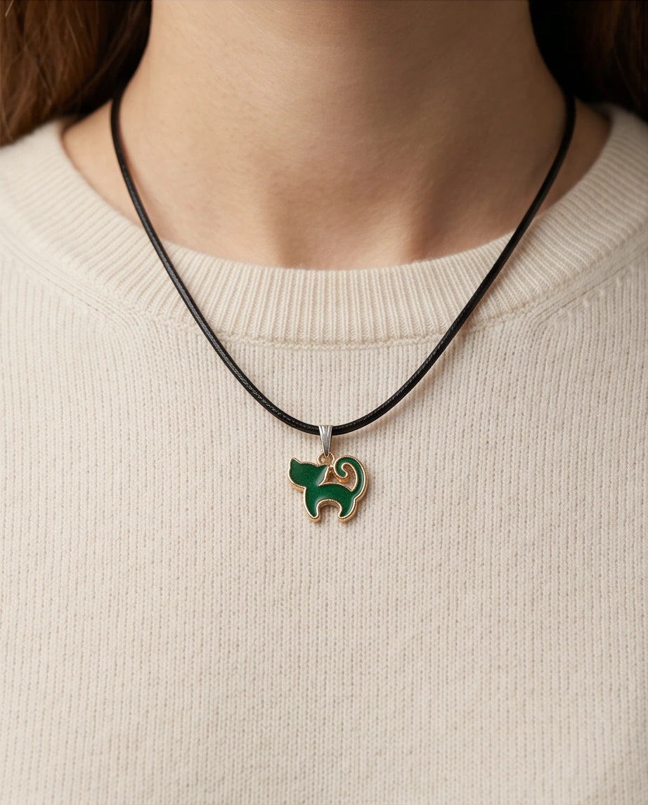 Gold and Green Cat Pendant Necklace