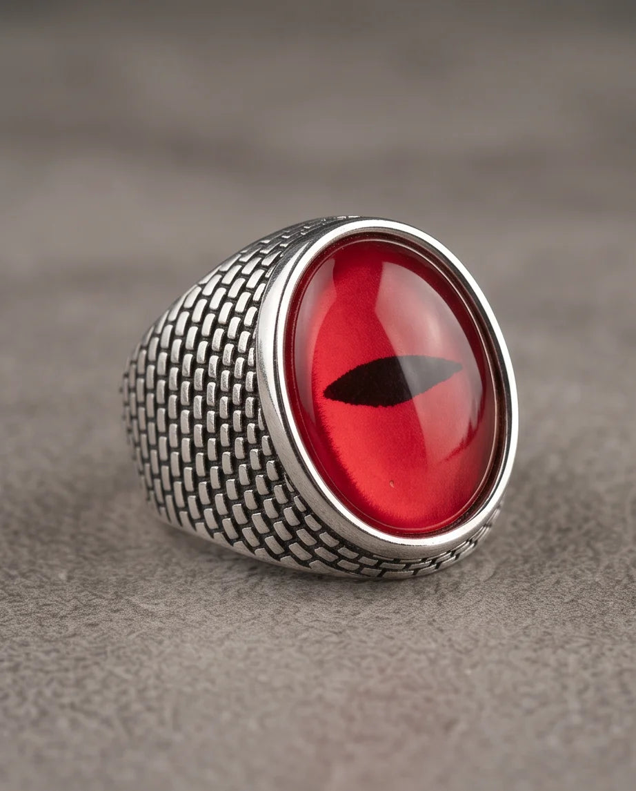 Crimson Brickwork Slit-Pupil Silver Ring