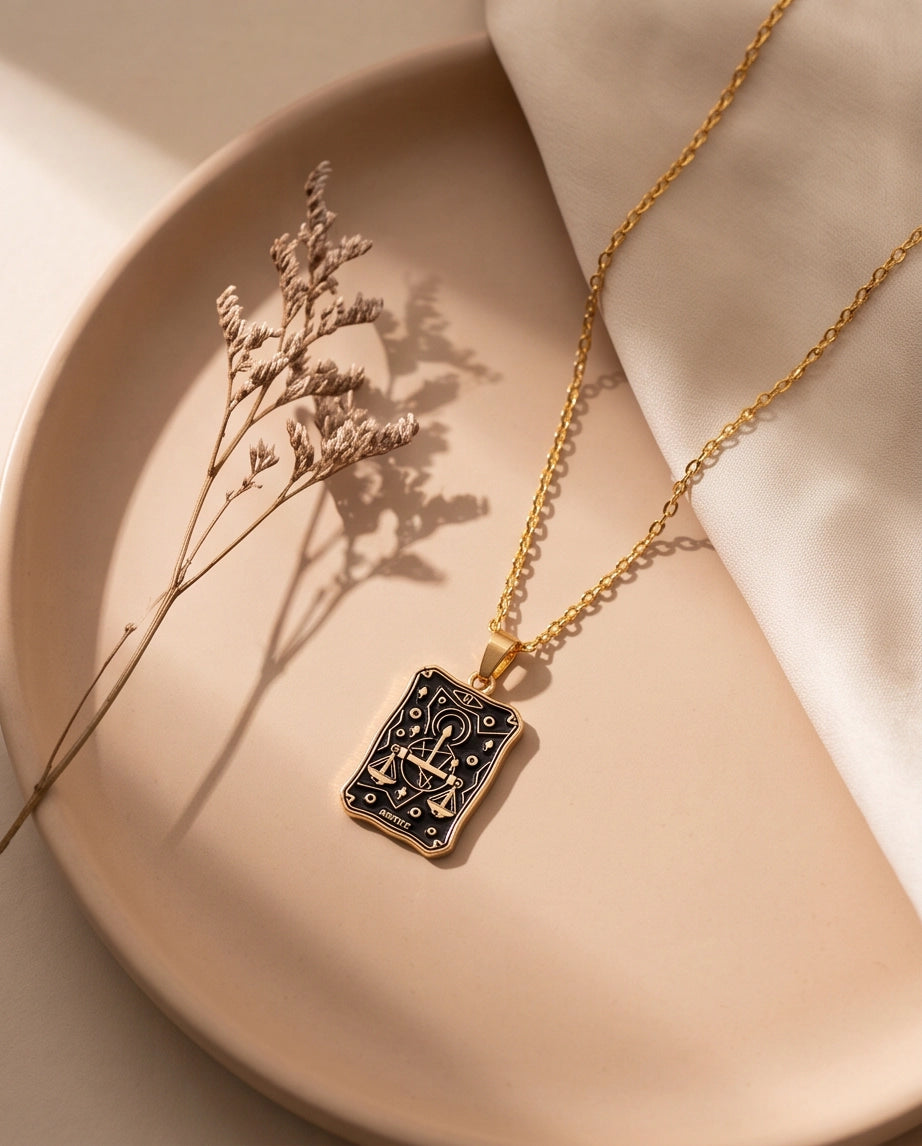 Gold "Justice" Tarot Card Pendant Necklace