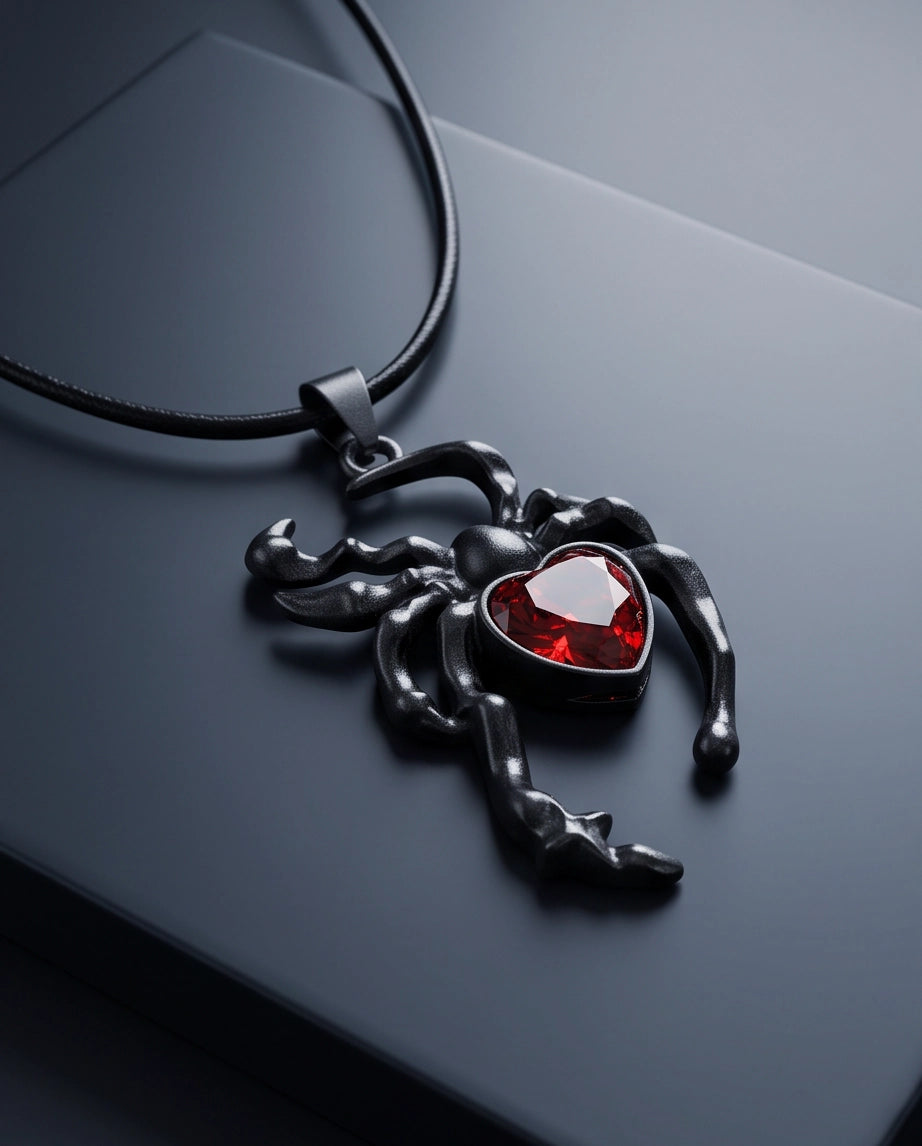 Black Spider Red Heart Crystal Gem Pendant Necklace