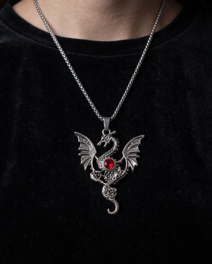 Silver Red Gemstone Dragon Pendant Necklace