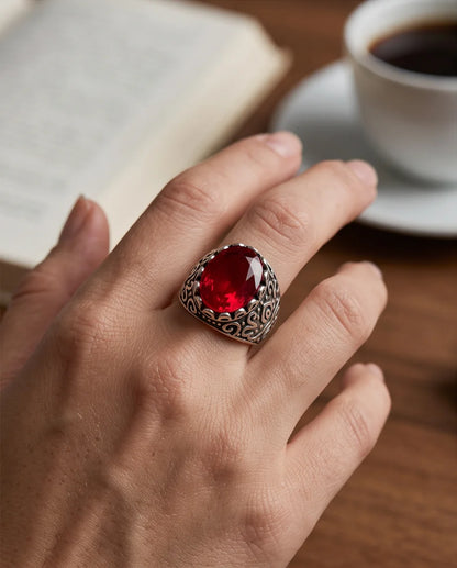 Ruby Gemstone Scalloped Crown Bezel Scroll Filigree Silver Ring