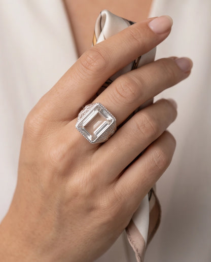 Clear Quartz Emerald-Cut Gemstone Filigree Beaded Silver Ring