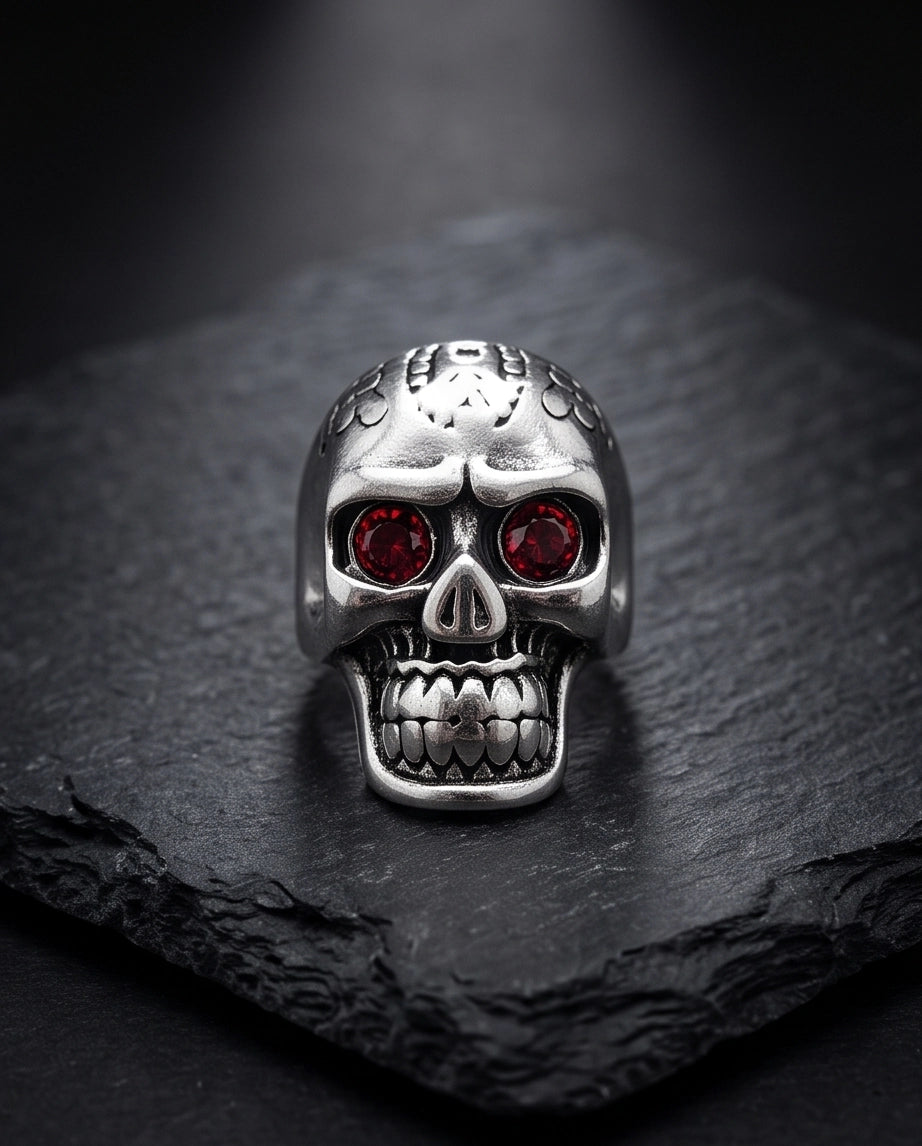 Red-Eyed Carved Crown Skull Ring