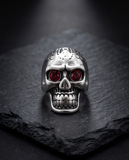 Red-Eyed Carved Crown Skull Ring