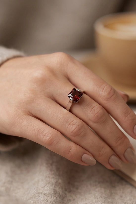 Sterling Silver Princess-Cut Deep Crimson Ruby Ring