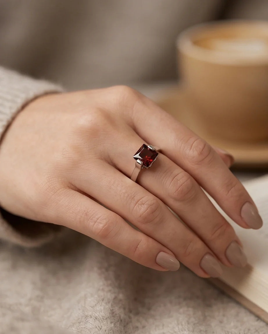 Sterling Silver Princess-Cut Deep Crimson Ruby Ring