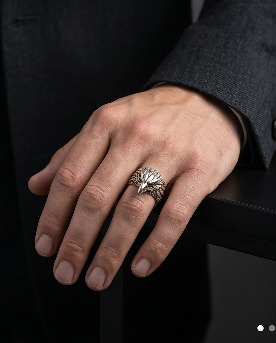 Vintage Silver Oxidized Eagle Head Biker Statement Ring