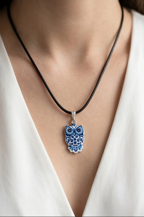 Artistic Blue Porcelain Owl Totem Pendant Necklace