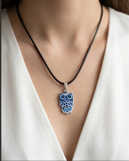 Artistic Blue Porcelain Owl Totem Pendant Necklace