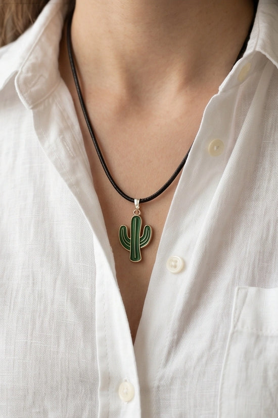 Gold and Green Cactus Pendant Necklace