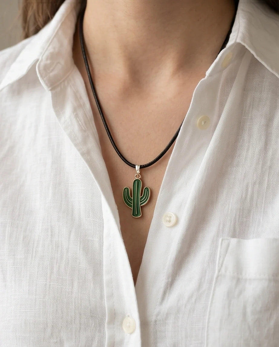 Gold and Green Cactus Pendant Necklace