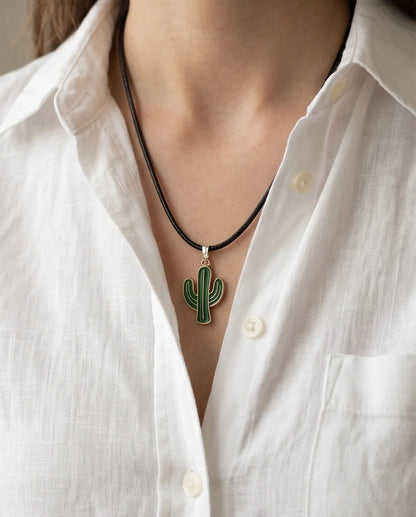 Gold and Green Cactus Pendant Necklace