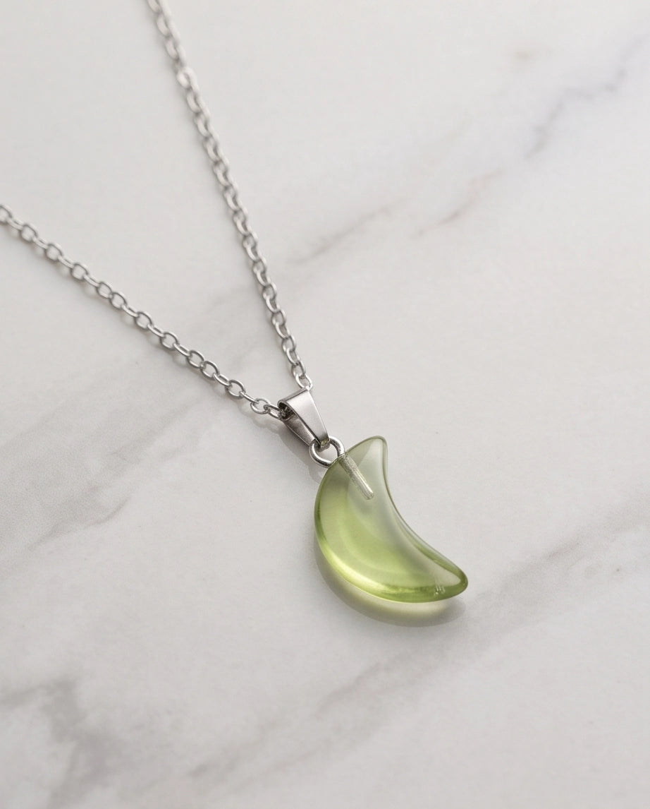 Silver Fluorite Light Green Crescent Moon Pendant Necklace