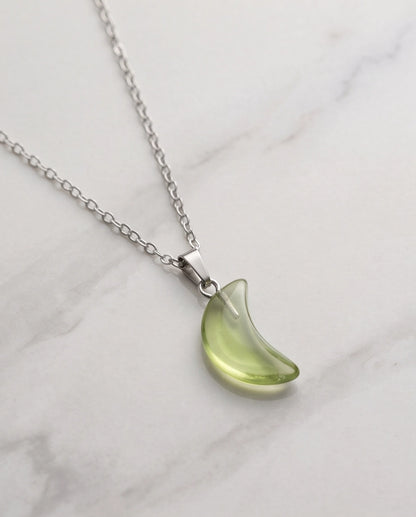 Silver Fluorite Light Green Crescent Moon Pendant Necklace